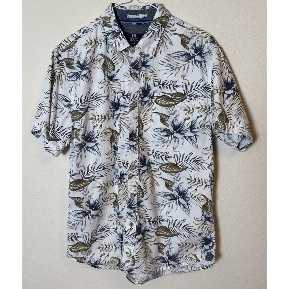 MBX Youth Large Island Shirt White With Ferns And Flowers Short Sleeve Hawaiian